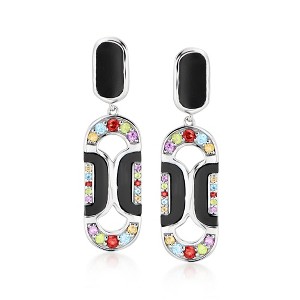 Ross-Simons Onyx and .60 ct. t.w. Multi-Gemstone Art Deco-Style Drop Earrings in Sterling Silver - 1 of 4