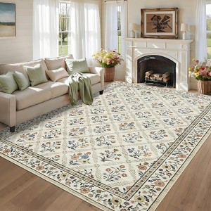 Washable Living Room Rug 8x10 Large Floral Print Area Rug with Non-Slip Backing, Stain-Resistant Farmhouse Soft Low Pile Floor Cover - 1 of 4