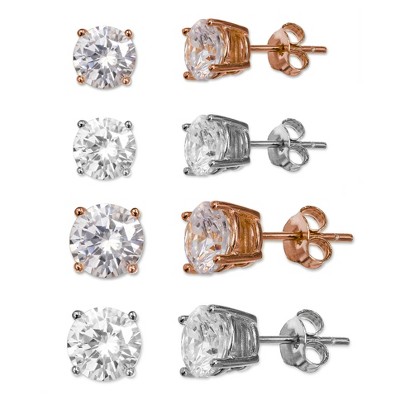 Women's Set of Four Stud Earrings with Cubic Zirconia in Sterling Silver and Rose Gold- Rose/Silver (4mm)