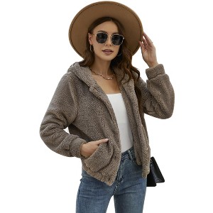 Clearlove Womens Fleece Jackets Button Faux Fur Jackets Coats Lapel Long Sleeve Shaggy Jacket with Pockets, Gray Brown - M - 1 of 4