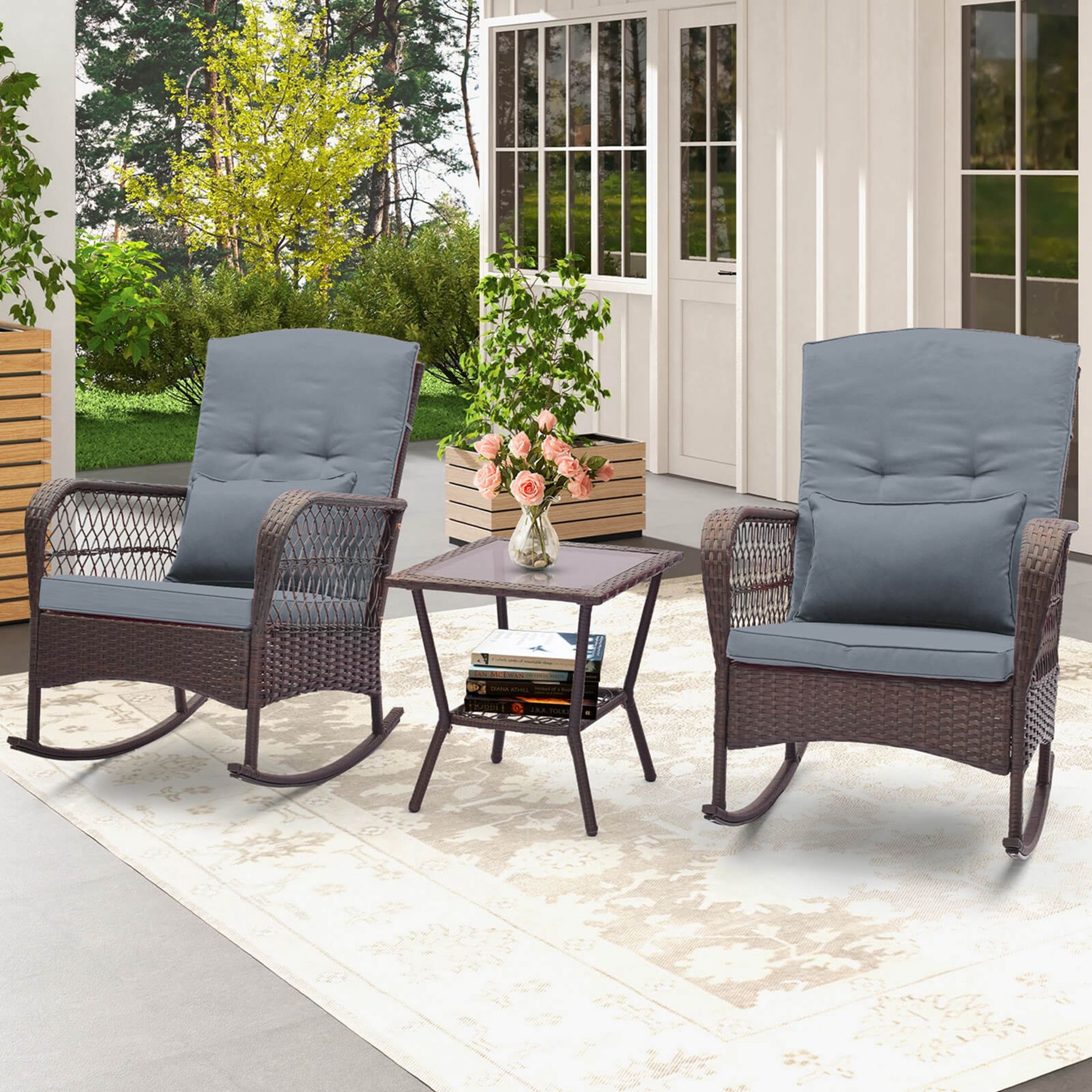 Costway 3 PCS Patio Rocker Set Outdoor Wicker Rocking Chairs with Double-Layer Coffee Table Gray