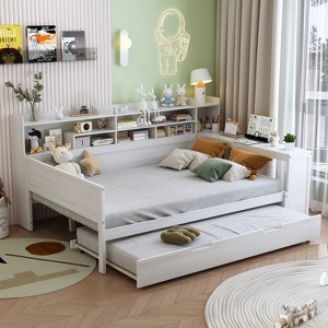 Bellemave Wooden Full Size Daybed with Storage Shelves, Multi-functional Bed with Twin Size Trundle Bed and Study Desk, Antique White - 1 of 4
