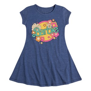 Girls' - Barbie - Retro Floral Logo Fit & Flair Cap Sleeve Dress - 1 of 2