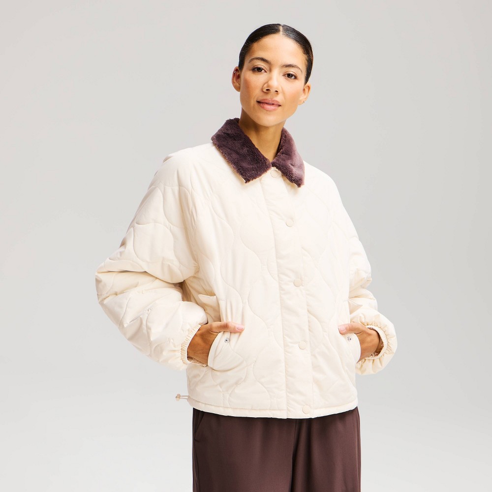 Women's Quilted Jacket with Fur Collar - All In Motion™ Ivory L
