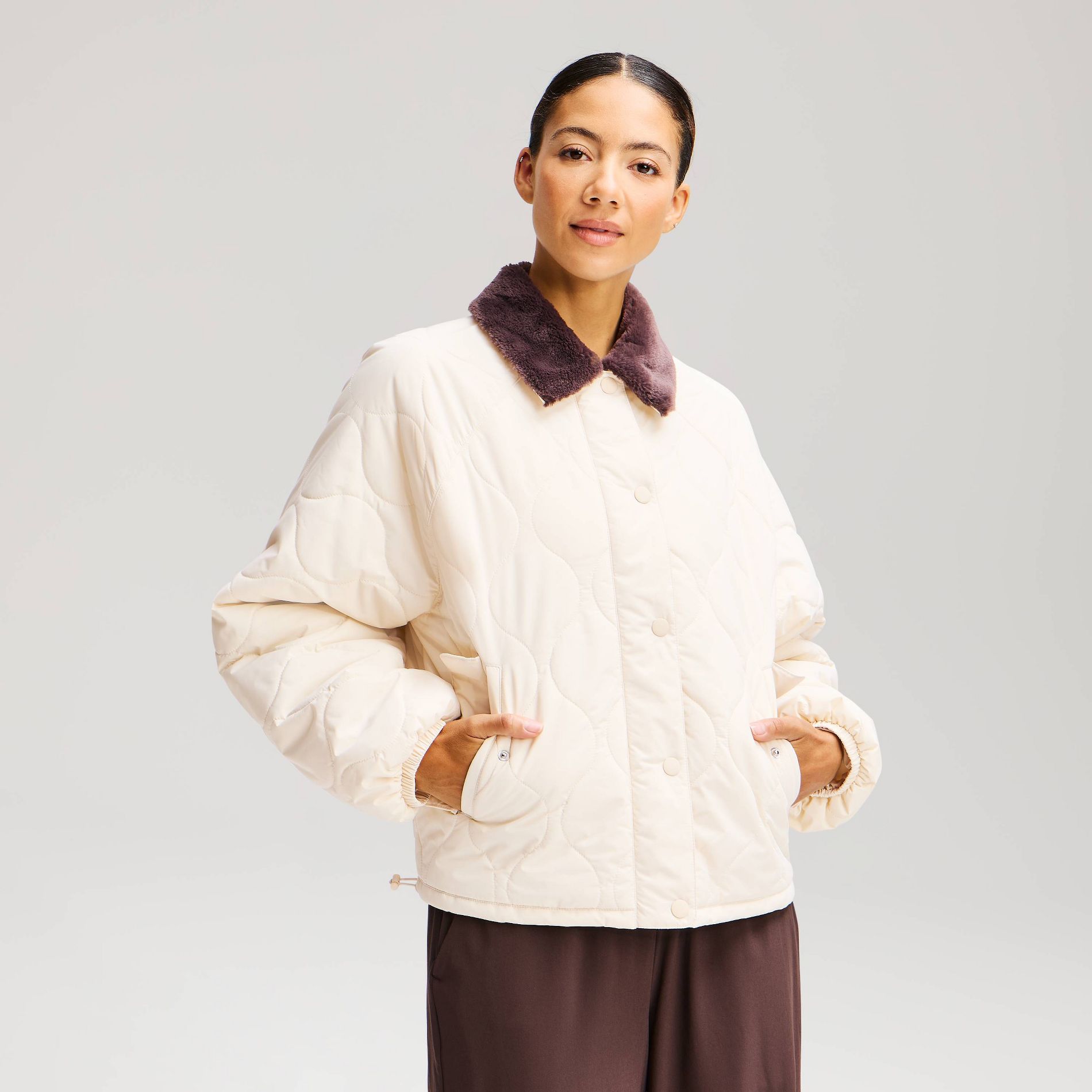 Women's Quilted Jacket with Fur Collar - All In Motion™ Ivory M