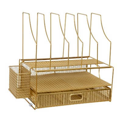 Gold Mesh Metal Large Desktop Organizer with Drawer and File Holder