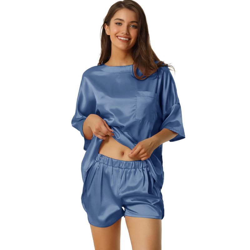 cheibear Women's Soft Satin Short Sleeve T-Shirt and Shorts with Pockets Pajama Sets 2 Pcs, 1 of 6