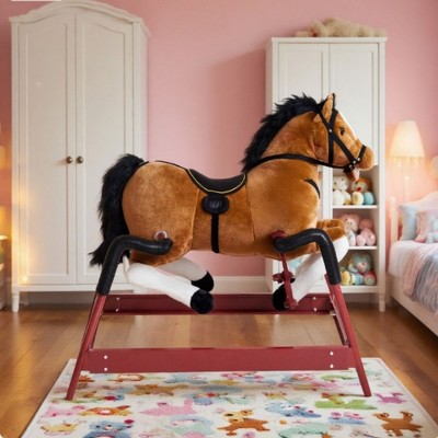 AZL1 Life Concept Rocker and Spring Horse Soft Plush Simulated Sounds Coiled Springs Stable Safe for Children Toddlers Play, Brown, 32.7"*11.23"*19.7"