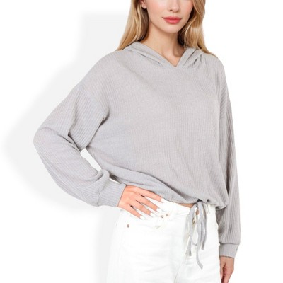 Anna-Kaci Women's Drawstring Hem Ribbed Hoodie with Long Sleeves and Relaxed Fit