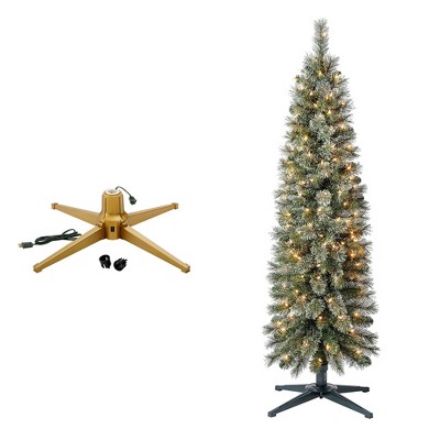 Home Heritage 1-1.5" Artificial Christmas Tree Base Rotating Metal Stand w/Stanley 5' Skinny Pencil 150 Pre-Lit White Lights Artificial Christmas Tree