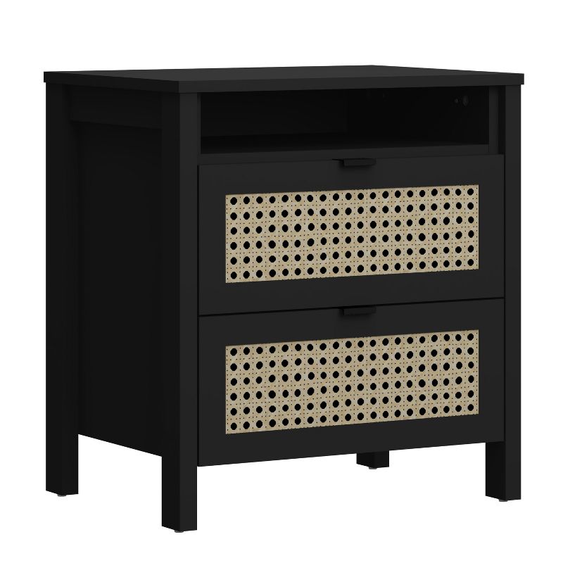 Galano Carnforth 2-Drawer Black Nightstand Sidetable with Laminated Rattan (22.7 in. H x 20.9 in. W x 15.7 in. D), 4 of 12