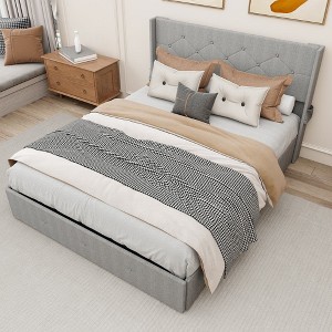 CAVINAS Bed Frame with Wingback Headboard for Bedroom,Liftable Storage Platform Bed with USB Ports - 1 of 4