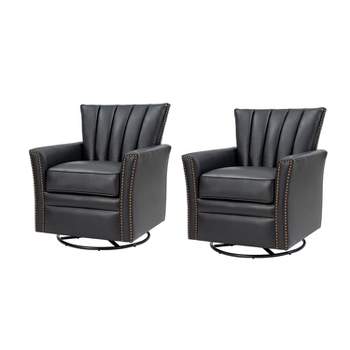Set of 2 Eva Genuine Leather Swivel Rocker Armchair with Nailhead Trims for Living Room | ARTFUL LIVING DESIGN