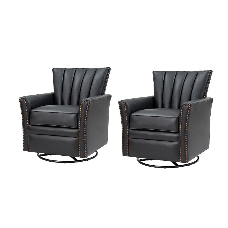 Set of 2 Eva Genuine Leather Swivel Rocker Armchair with Nailhead Trims for Living Room | ARTFUL LIVING DESIGN, 1 of 12