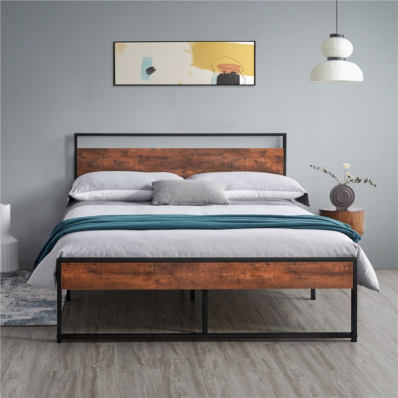 Yaheetech Rustic Metal Platform Bed with Wooden Headboard and Footboard, 4 of 8