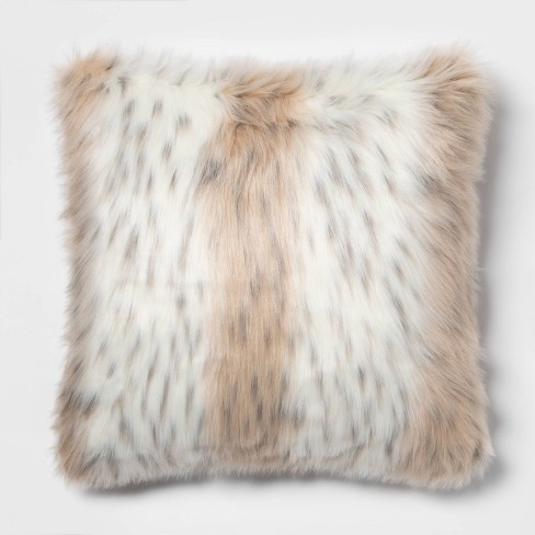 Snow Leopard Faux Fur Oversize Square Throw Pillow Neutral