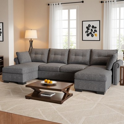 XIZZI 4-Piece Chenille Sofa Set with Large Chaise & Ottoman - Modern Sectional Sofa in White/Beige/Gray/Black, with Round/Square/Sloped Armrest