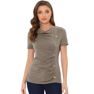 INSPIRE CHIC Women's Cowl Neck Short Sleeve Button Decor Ruched Front Casual  Basic T-shirt - 1 of 4