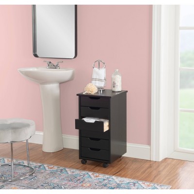 Cary Black Pine Wood Six Drawer Rolling Storage Cart