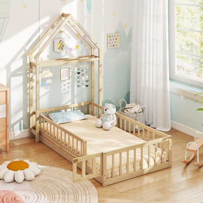 Safstar Twin Size House Floor Bed w/House-shaped Headboard Clothes Hanger without Slats