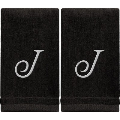 Creative Scents Black Fingertip Monogrammed Towels White Embroidered