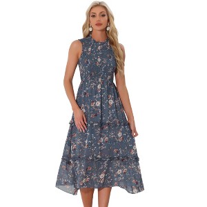 INSPIRE CHIC Women's Sleeveless Floral Ruffles Crew Neck Chiffon Smocked Sundresses - 1 of 4