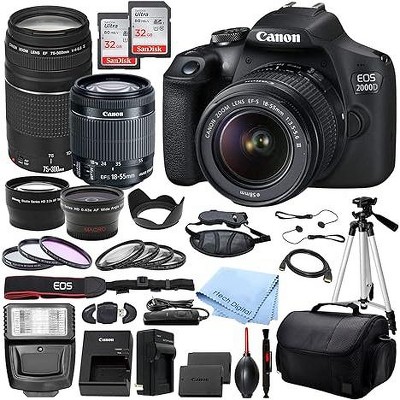 Canon EOS 2000D Rebel T7 DSLR Camera Advanced Kit Includes EF-S 18-55mm Zoom Lens Sandisk 128GB Card Filter Kit & More - Manufacturer Refurbished