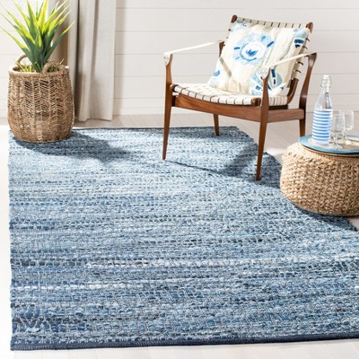 Handmade Blue Cotton Flat Woven Rectangular Rug