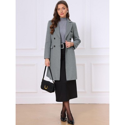 INSPIRE CHIC Women's Notch Lapel Collar Long Sleeves Double-Breasted Mid-Long Elegant Business Coats Small Twill Grey — фото 4