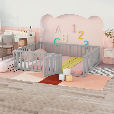 Streamdale Queen Size Wood Floor Bed Frame with Fence and Door, Gray