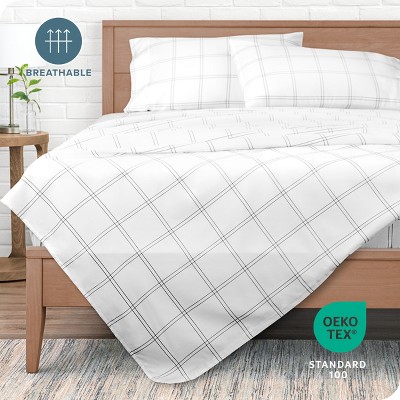 Full Modern Plaid White/Grey Microfiber Deep Pocket Sheet Set