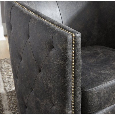 Distressed Black Faux Leather Barrel Swivel Chair