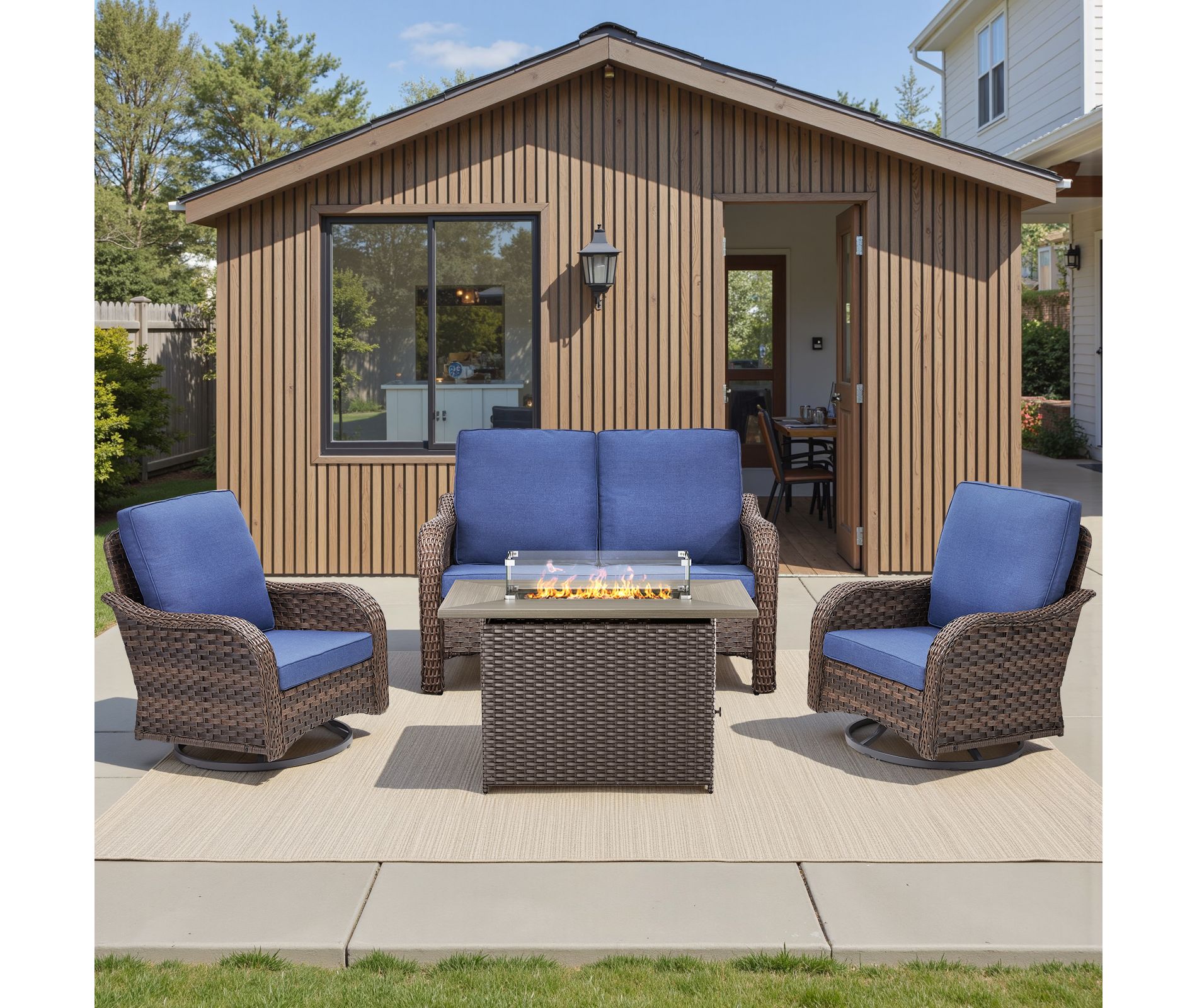 Buenhomino 4-Piece Wicker Patio Furniture Set, All-Weather Rattan Conversation Bistro Loveseat Chair and Fire Pit Set for Backyard, Balcony and Deck