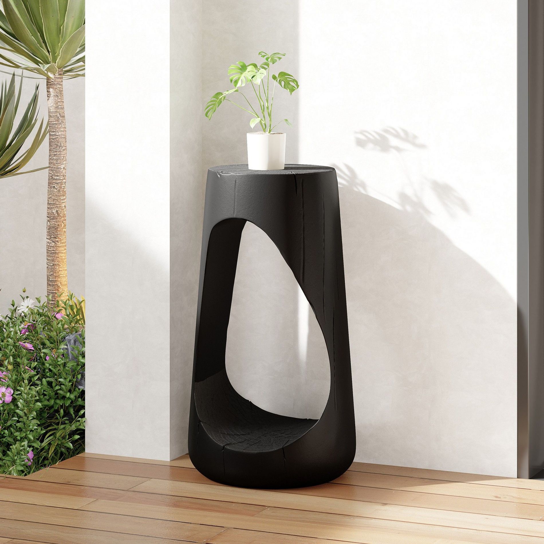 TUYOHW Concrete Patio End Table,Hollow Design Patio Side Table with Wood Texture for Garden,Poolside & Balcony,Black