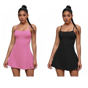 INSPIRE CHIC 2 Pcs Women's Spaghetti Strap with Built-in Bra and Shorts Workout Side Slit Square Neck Full Slips - 1 of 4