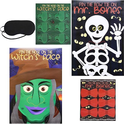 Pin The Nose on The Witch & Bow Tie on The Skeleton, Halloween Party Games and Activity for Kids, Includes 2 Posters, 60 Stickers & 1 Blindfold Mask