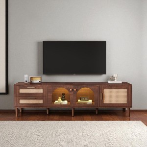 Rattan TV Stand with 3 Cabinets & 2 Drawers, Media Console Table for TVs up to 80'', Entertainment Center with LED Light for Living Room Bedroom - 1 of 4
