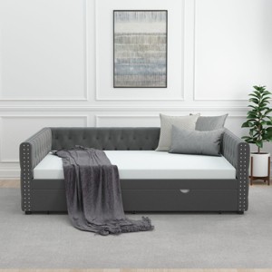 Daybed With Trundle Velvet Upholstered Tufted Sofa Bed,Arms With Button And Copper Nail,Full Daybed For Bedroom,Living Room,Guest Room-Cuddlewood - 1 of 4