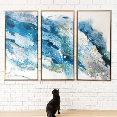 Abstract Blue and Gold Triptych Canvas Wall Art for Nursery