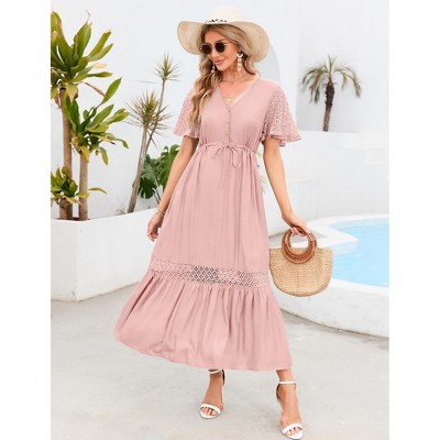 Women's Casual Flowy Lace Short Sleeve Maxi Dress V Neck High Elastic Waist Dress