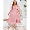 YESFASHION Womens Plus Size Square Neck Floral Print Summer Dress Ruffle Short Sleeve Tie Front Slit Hem Boho Maxi Dress - 2 of 4