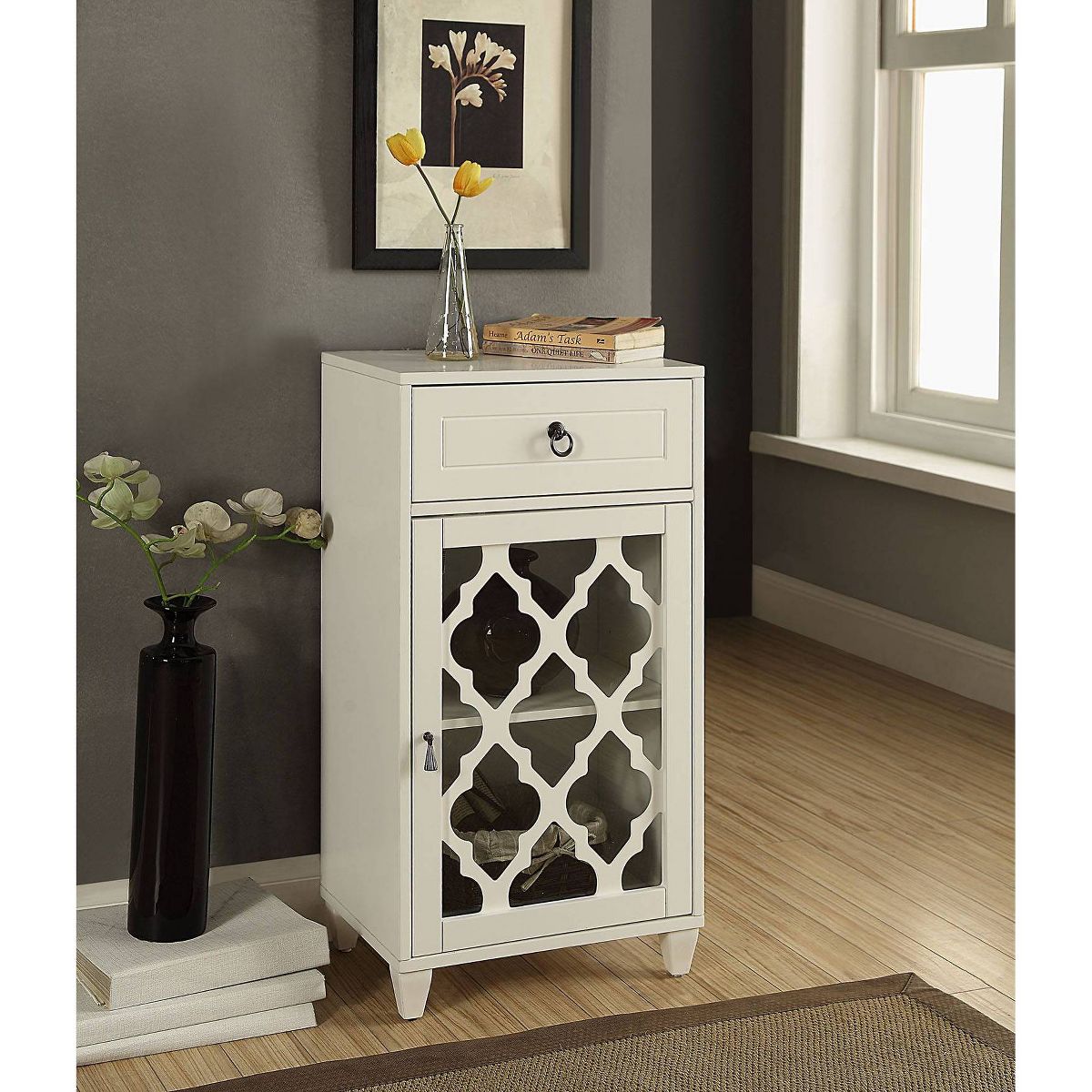 17" Ceara Accent Table White Finish - Acme Furniture: Glass Door, Fret Work, Storage - thumbnail 5