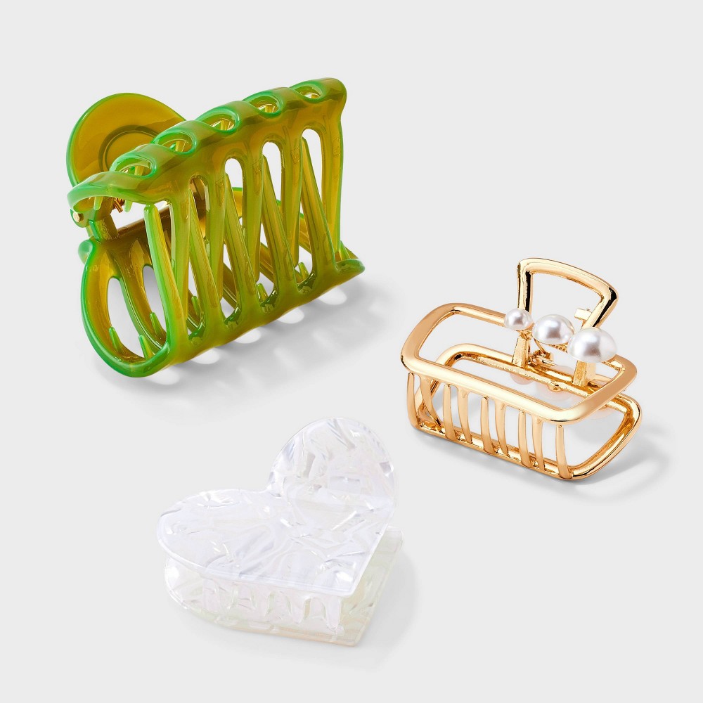 Variety Heart & Cut Out Claw Hair Clip Ser 3pc - A New Day™ Green/Gold/White