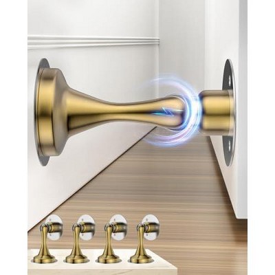 DOMETOUR Magnetic Door Stoppers 4 Pack, Stainless Steel, No-Drill Adhesive & Screws, Heavy Duty Door Holder for Wall/Floor, Gold