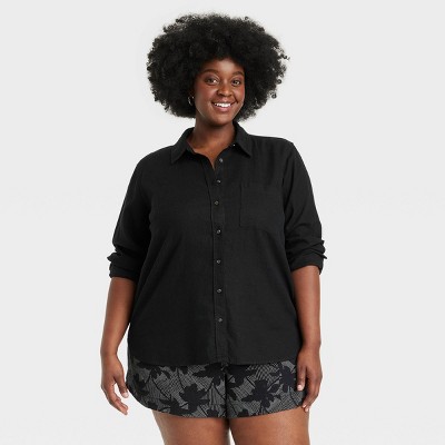 Women's Linen Long Sleeve Collared Button-Down Shirt - Universal Thread™ Black 2X