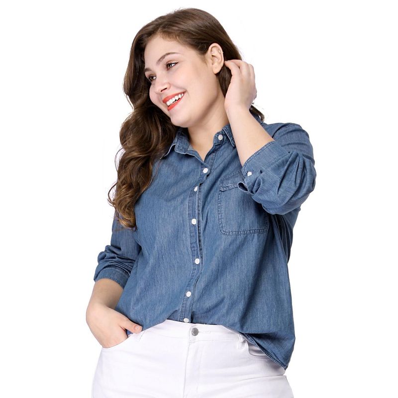 Agnes Orinda Women's Plus Size Work Stripe Button Down Long Sleeve Chambray Shirt, 3 of 8