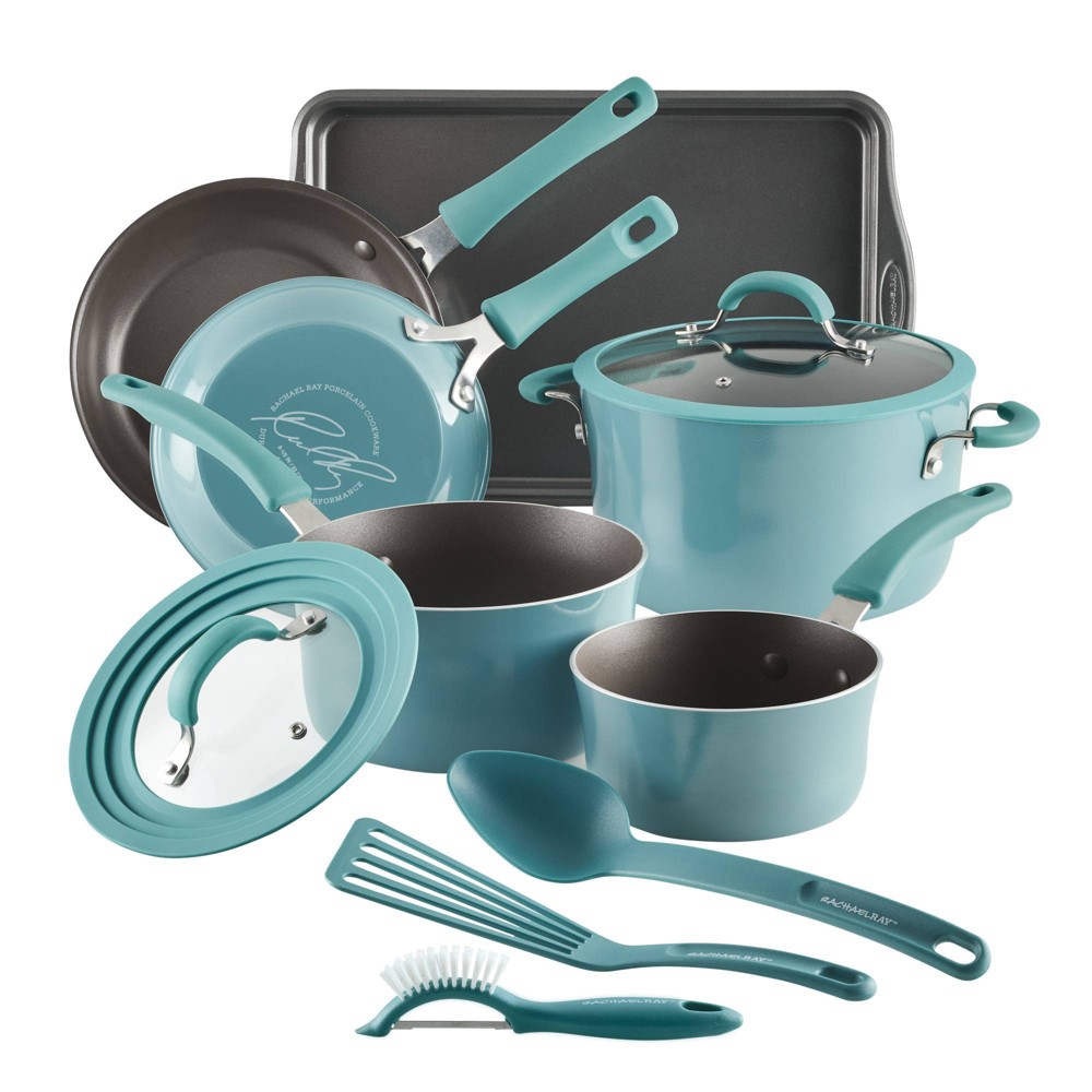 Rachael Ray Cook + Create 11pc Aluminum Nonstick Cookware Set - Agave Blue