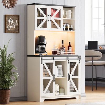 Buenhomino Farmhouse Kitchen Pantry Storage Cabinet with Doors & Outlet, Freestanding Hutch and Adjustable Shelves, Versatile Storage for Kitchen
