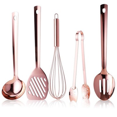 Juvale 5-Pack Kitchen Utensils Rose Gold Copper Plated Set: Cooking Ladle, Egg Whisk, Tongs, Slotted Spatula & Spoon Cookware
