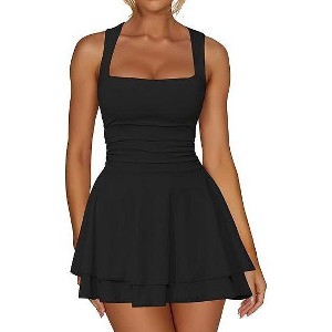 Clearlove Women's Square Neckline Sleeveless Mini Dress Pleated Waist Double-Layered Dress - 1 of 4